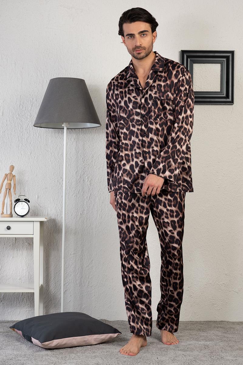 Man Leopard Pattern Satin Pyjama Set