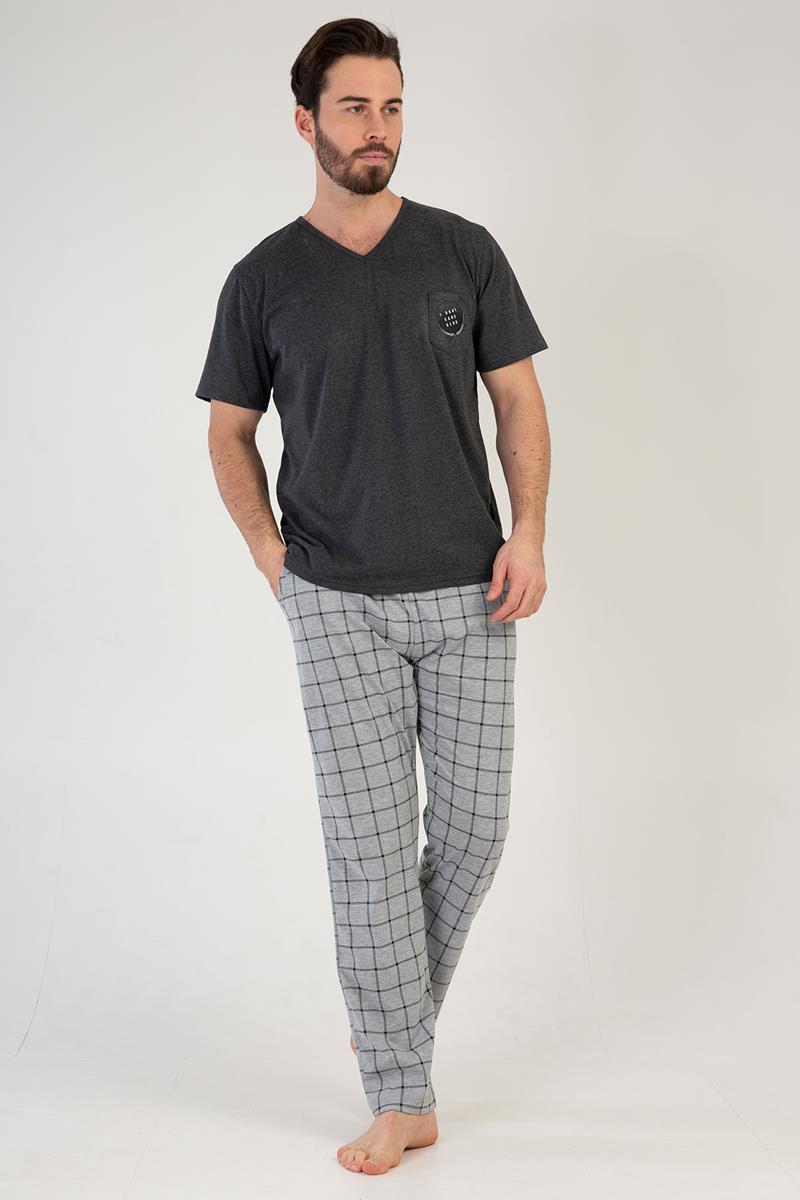 Man Big Size Anthracite Plaid Pattern Pyjama Set