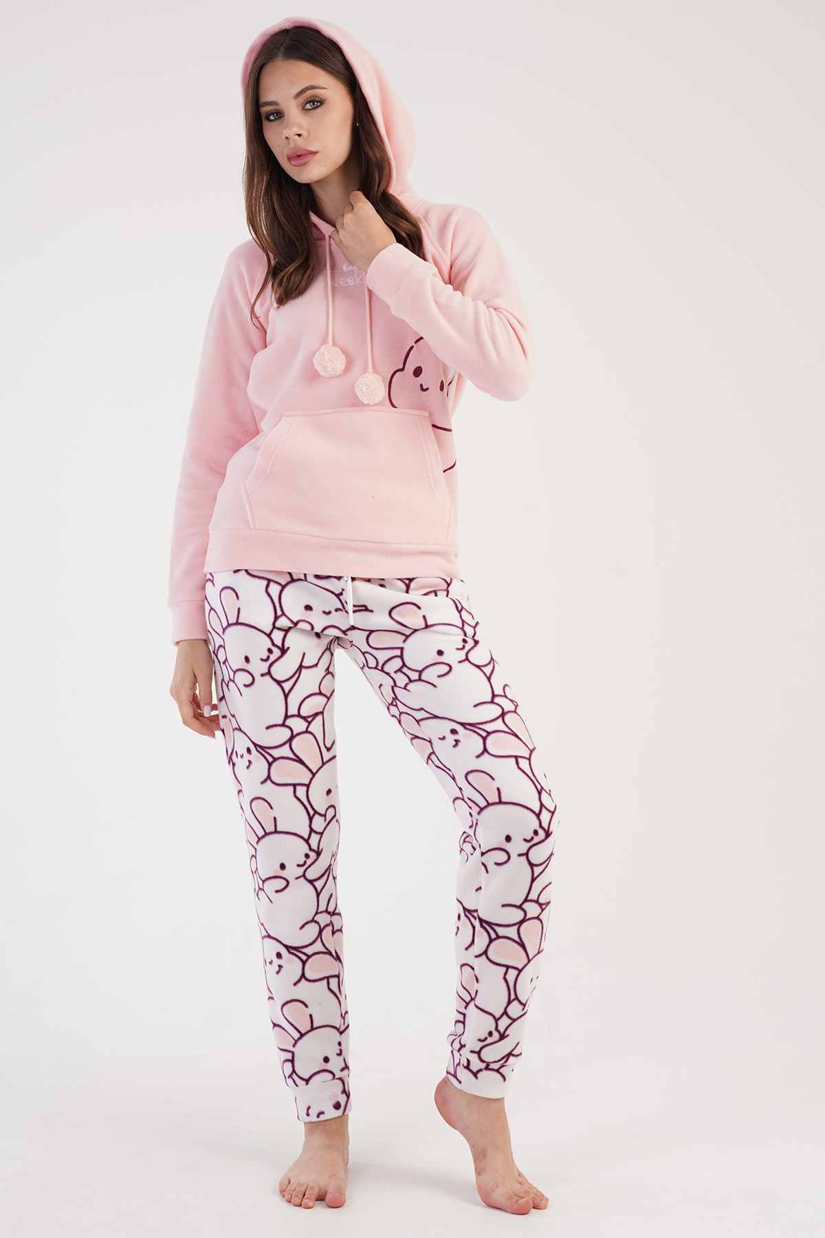 Woman Fleece Pink Hoodie Pyjama Set