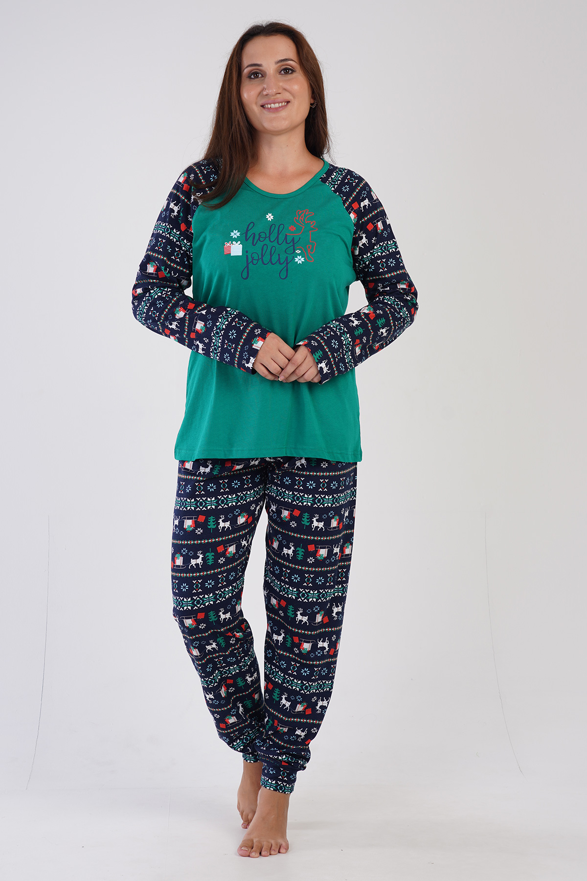 Woman Big Size Holly Jolly Green Christmas Pyjama Set