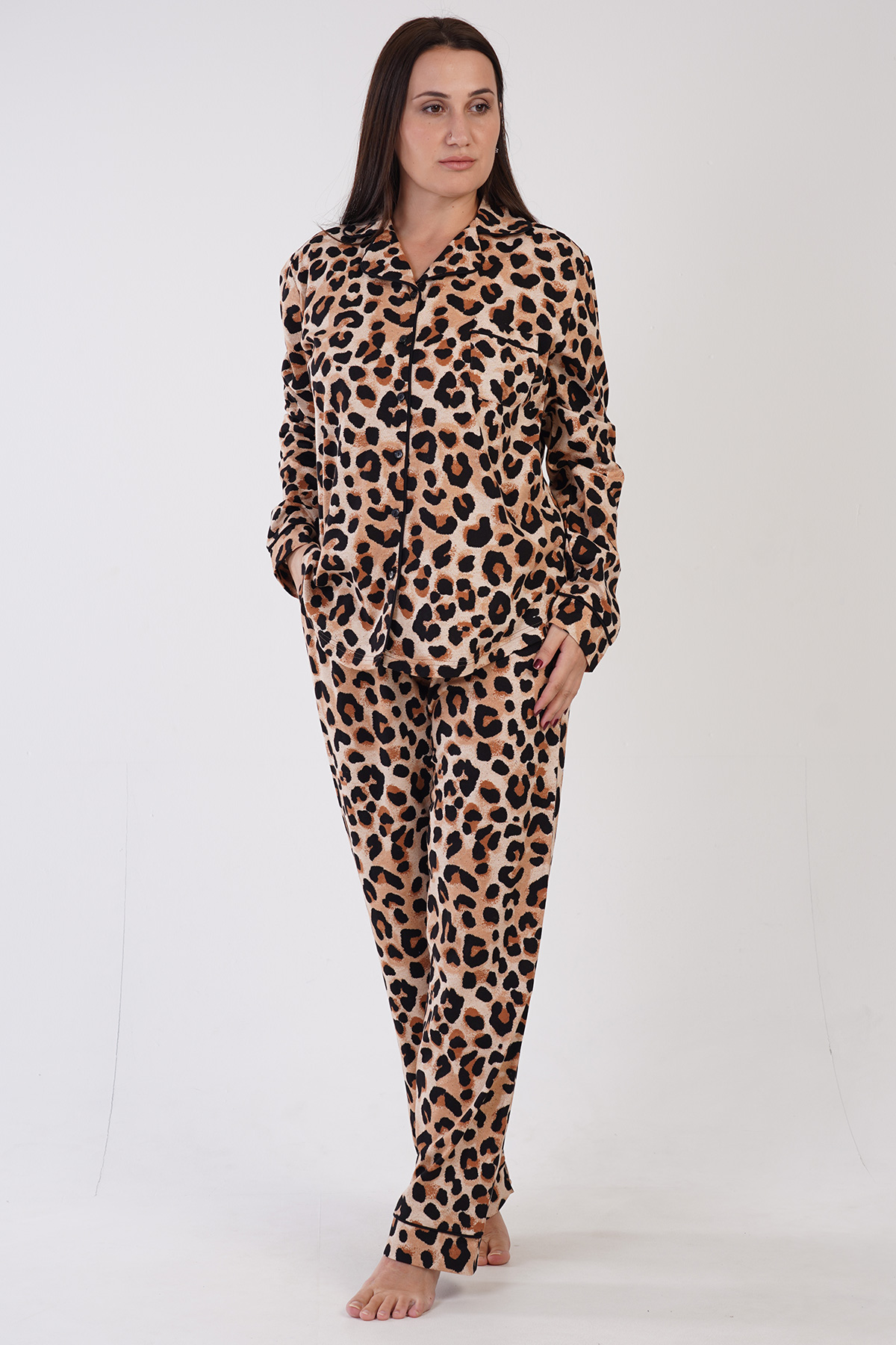 Woman Supreme Big Size Buttoned Leopard Pyjama Set