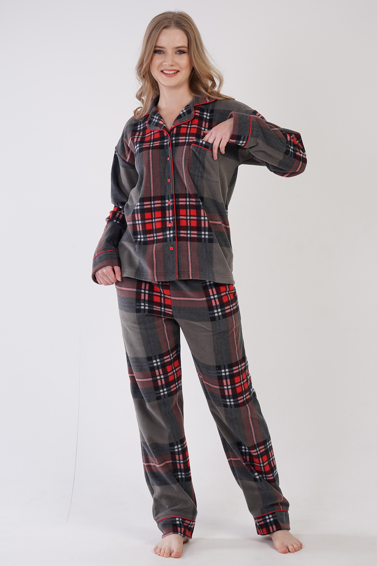 Woman Anthracite Plaid Fleece Long Sleeve Pyjama Set