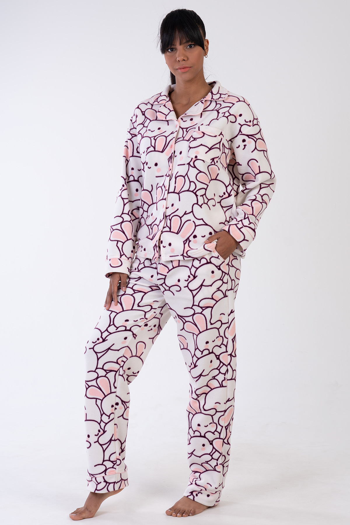 Woman Rabbit Fleece Buttoned Pyjama Set