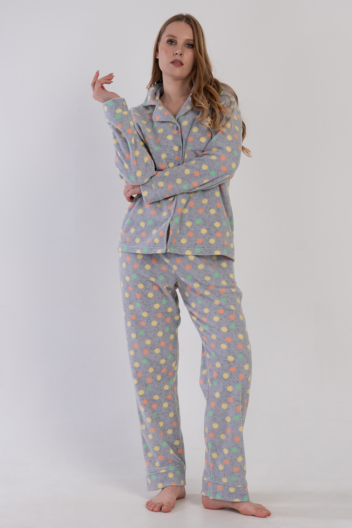 Woman Mixed Patterned Fleece Buttoned Pyjama Set